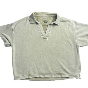 American Eagle Olive Green Collared V-Neck Short‎ Sleeve Top Women’s Size Large